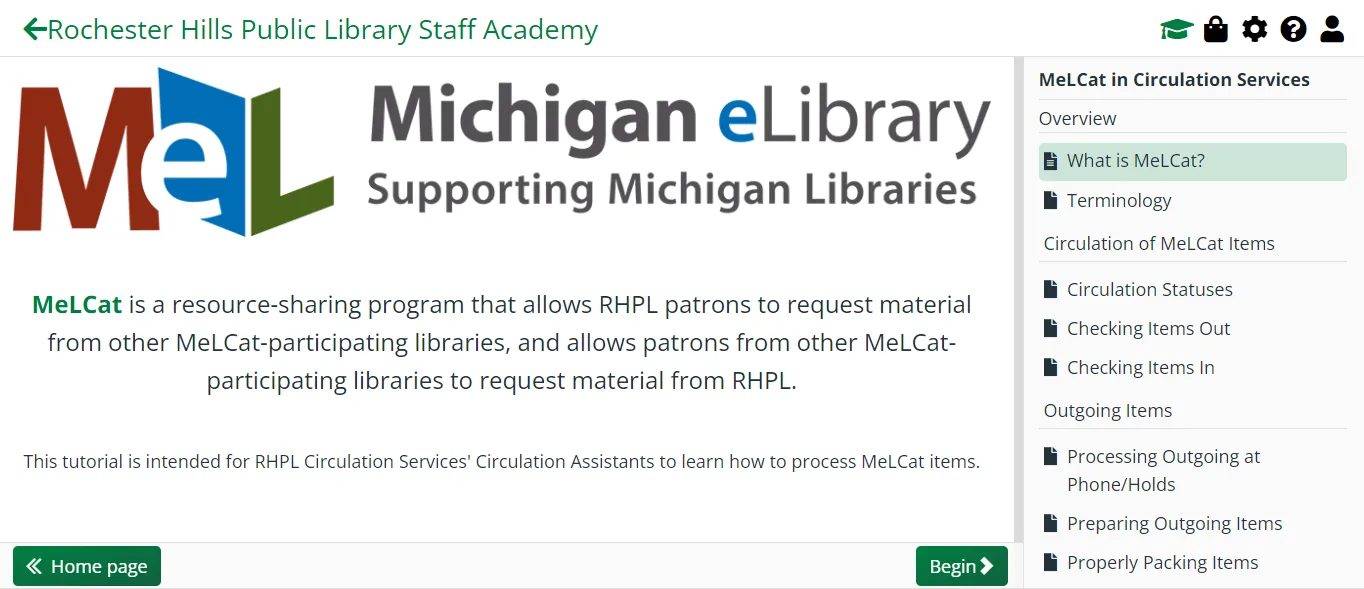 A Staff Academy training module about MeLCat, with a lesson outline in the sidebar